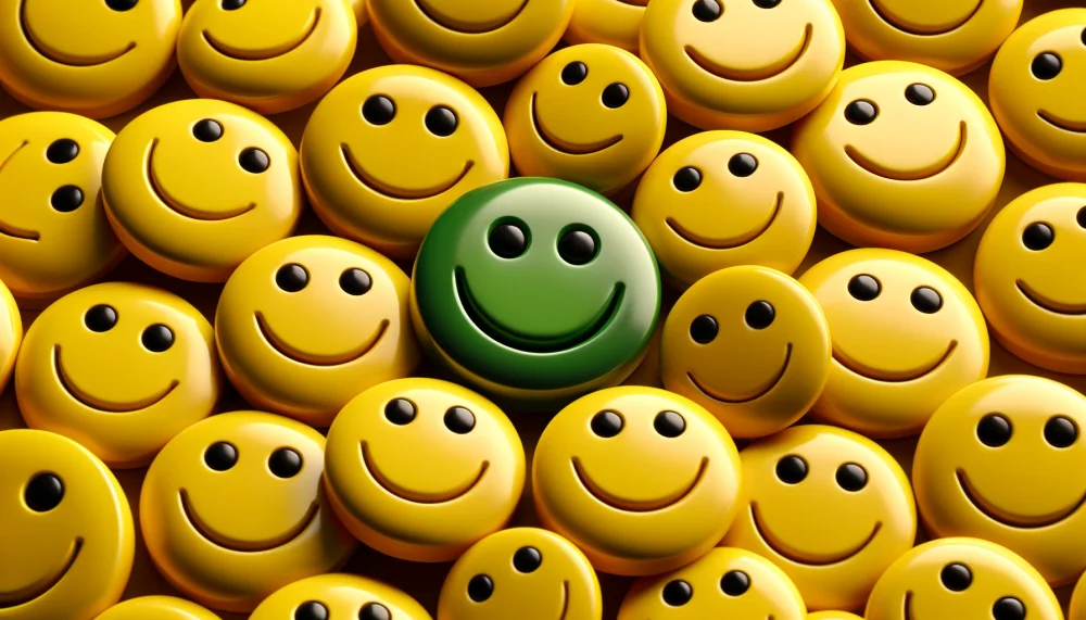 One green smiley standing out among yellow ones