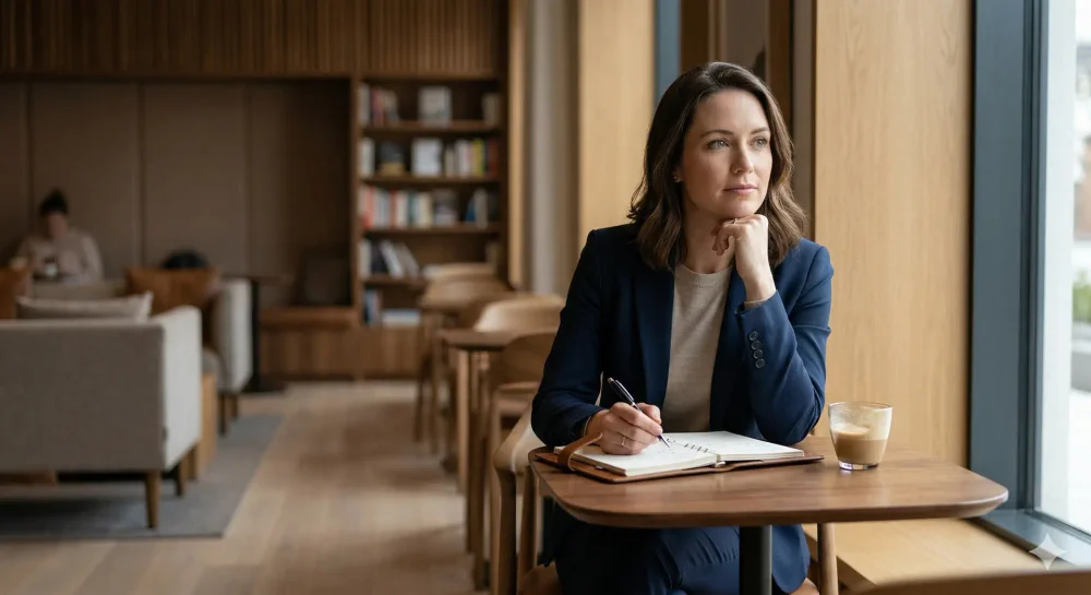 A marketing leader reflecting over a notebook and coffee